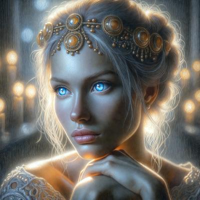 The primary subject of the image is a woman with blue eyes, wearing a crown and a dress. She is looking down and has her hand on her chin. The setting is a room with a backdrop of lights, creating a warm and inviting atmosphere. The visual style is a digital art or illustration, with the woman's eyes being the most prominent feature. The colors and mood of the image are predominantly warm and soothing, with the blue eyes adding a touch of coolness.